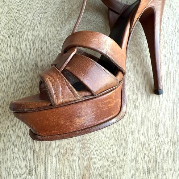 YSL SAINT LAURENT Tribute Platform Sandal Heel Cognac Leather 37.5 Italy Strappy - Picture 14 of 14